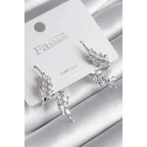 Pirinç Gümüş Renk Zirkon Taşlı Yaprak Model Kadın Küpe