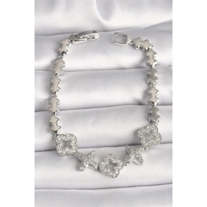 Pirinç Gümüş Renk Zirkon Taşlı Yonca Yıldız Model Kadın Bileklik