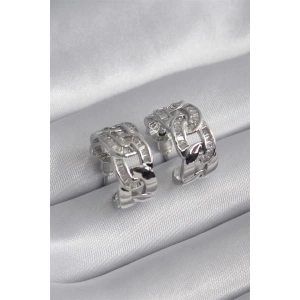 Pirinç Gümüş Renk Zirkon Taşlı Zincir Model Kadın Küpe