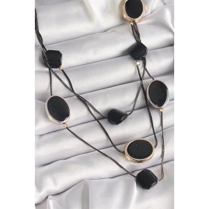 Pirinç Siyah Renk Zincir Kristal Taşlı Kadın Kolye