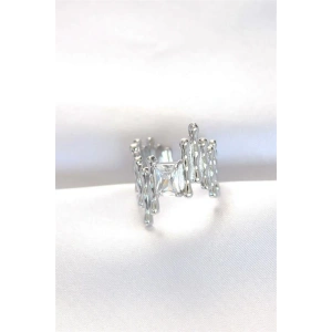 Silver Renk Tırtıklı Kalın Baget Taş Tasarım Ayarlanabilir Yüzük