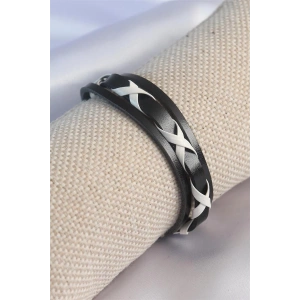 Siyah Beyaz Deri İpli Erkek Bileklik