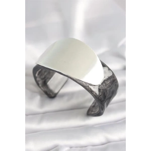 Siyah Mermer Desen Akrilik Plastik Gümüş Oval Plaka Model Vintage Kadın Bilezik