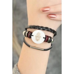 Siyah Renk Fatma Ana Eli Tasarım Çoklu Deri Bayan Bileklik