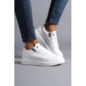 SLW155 Warrior Bağcıklı ve Fermuarlı Cilt Erkek Günlük Sneaker Ayakkabı CBT - Beyaz