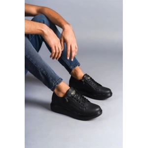 SLW155 Warrior Bağcıklı ve Fermuarlı Cilt Erkek Günlük Sneaker Ayakkabı CST - Siyah