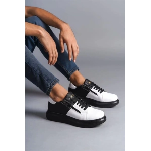 SLW155 Warrior Bağcıklı ve Fermuarlı Cilt Erkek Günlük Sneaker Ayakkabı CST - Siyah/Beyaz