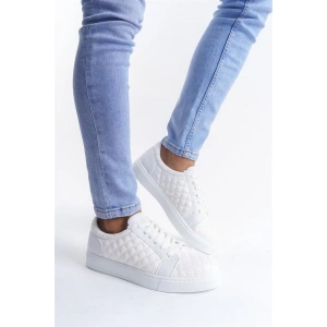 SLW166 Prestige Bağcıklı Cilt Kapitone Desenli Erkek Günlük Sneaker Ayakkabı CBT - Beyaz