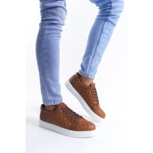 SLW166 Prestige Bağcıklı Cilt Kapitone Desenli Erkek Günlük Sneaker Ayakkabı CBT - Taba