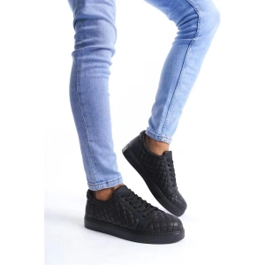 SLW166 Prestige Bağcıklı Cilt Kapitone Desenli Erkek Günlük Sneaker Ayakkabı CST - Siyah