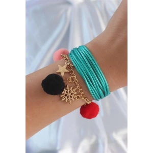Turkuaz Renk Kar Tanesi Figür Zincir Detay İpli Çoklu Bileklik