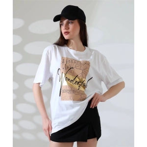 Varak Baskılı imza desen Kadın T-Shirt
