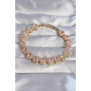 Vip Seri Pirinç Gold Renk Pembe Zirkon Taşlı Kalp Tasarımlı Bileklik