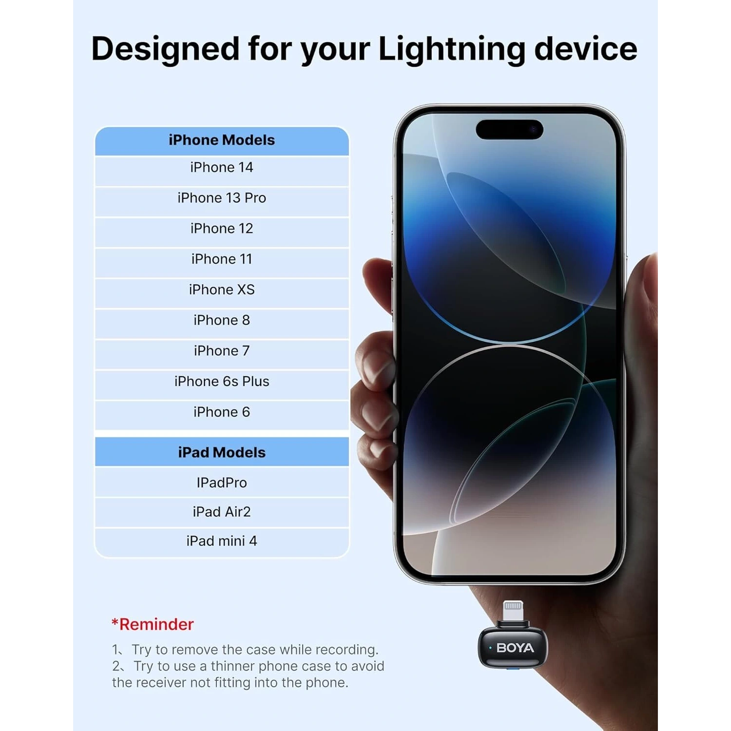 Boya Mini-15 (2TX+1RX+CC) iphone-ipad için Gürültü Engelleyicili Kablosuz Yaka Mikrofonu Lightning Device
