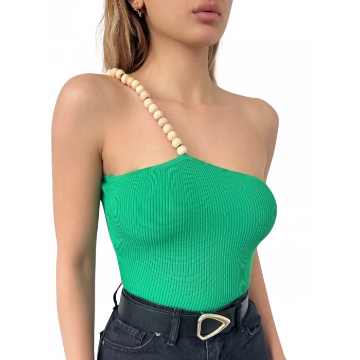 Ahşap Boncuk Detaylı  Bluz-YEŞİL