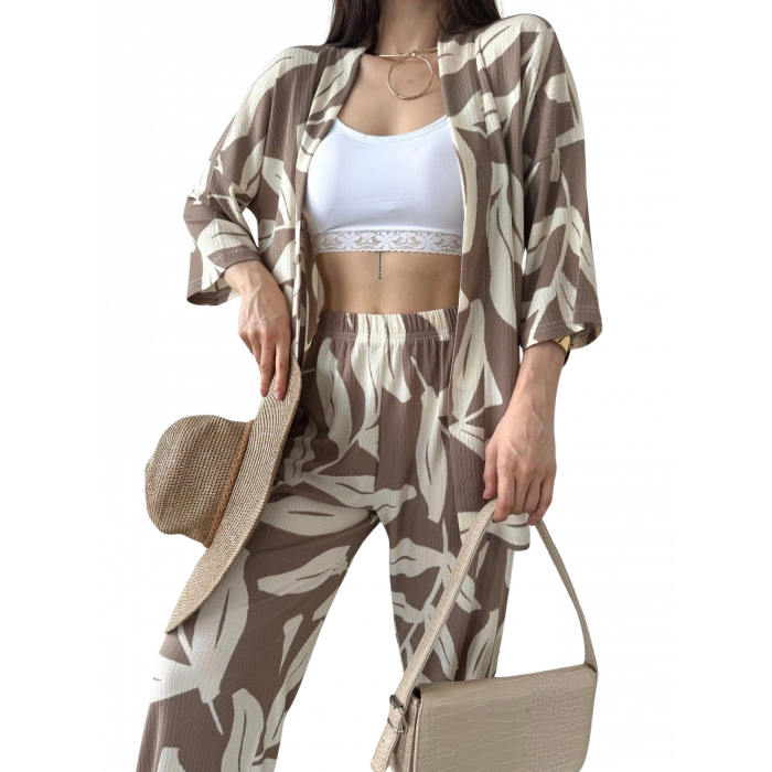 Alt Üst Takım Kimono- Desenli-Kahverengi