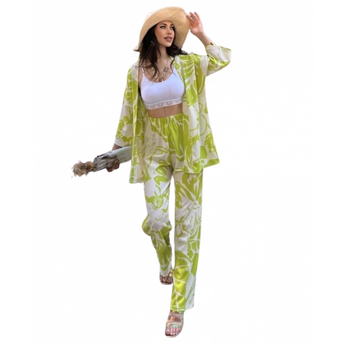 Alt Üst Takım Kimono- Desenli-Yeşil