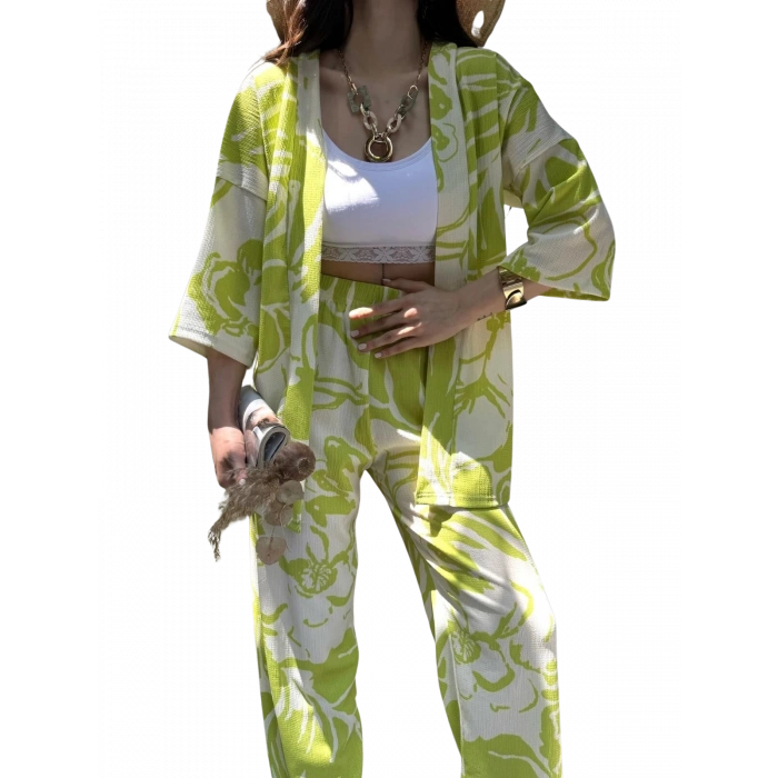 Alt Üst Takım Kimono- Desenli-Yeşil