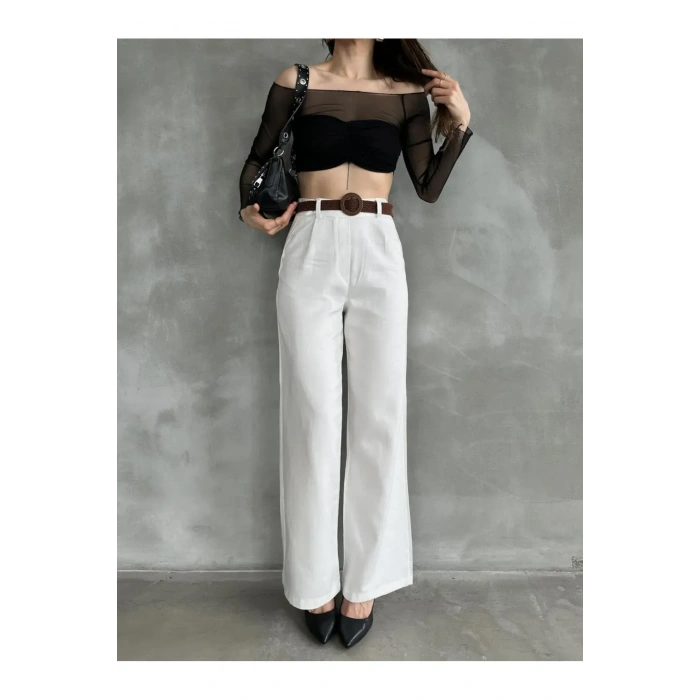 Beli Kemerli  Pantolon - BEYAZ
