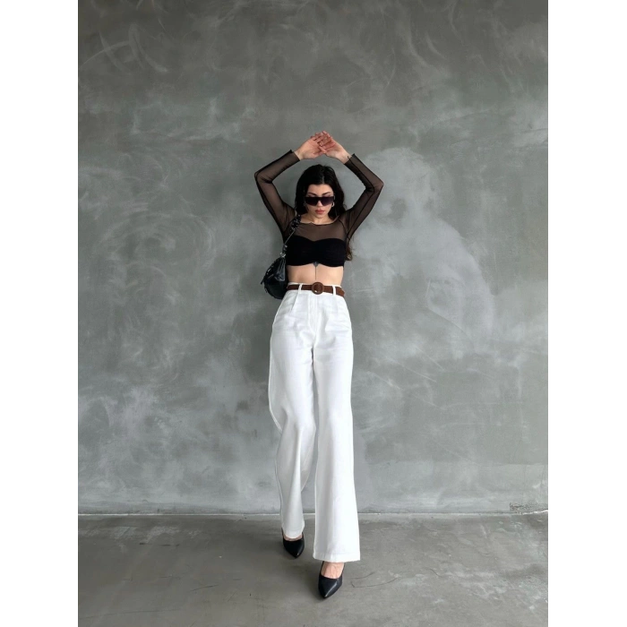 Beli Kemerli  Pantolon - BEYAZ