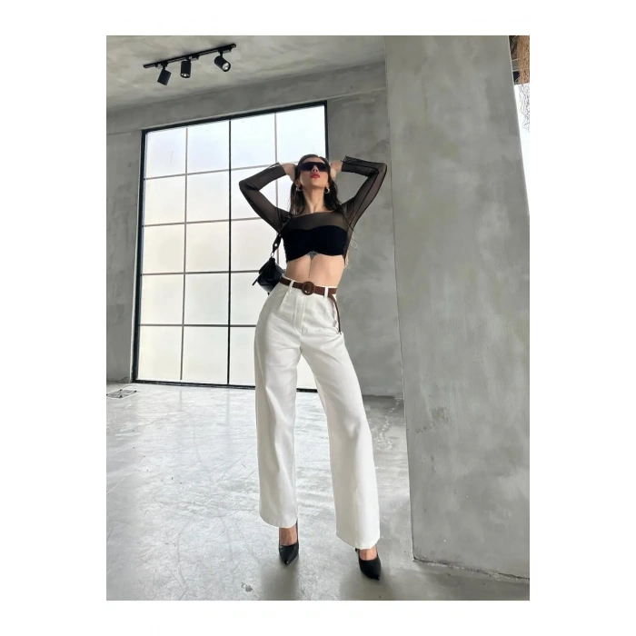 Beli Kemerli  Pantolon - BEYAZ