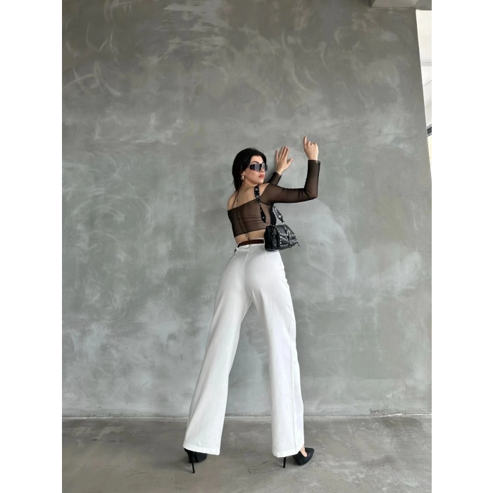 Beli Kemerli  Pantolon - BEYAZ