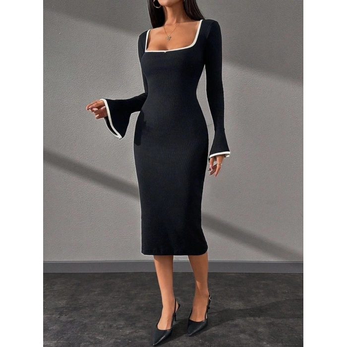 Biyeli midi boy elbise siyah A3718