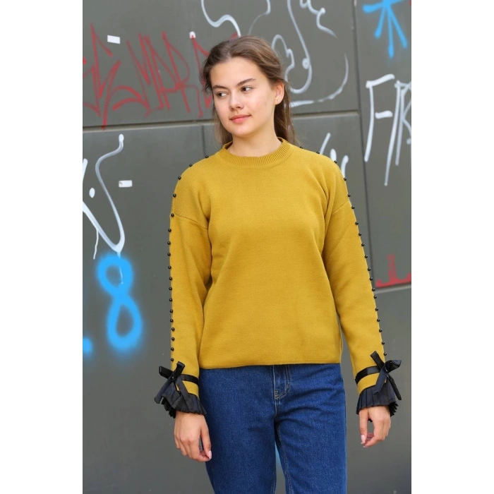 Boncuklu bile detaylı kazak hardal