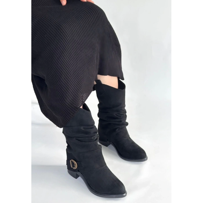 Canty Siyah Süet Körüklü Topuklu Çizme