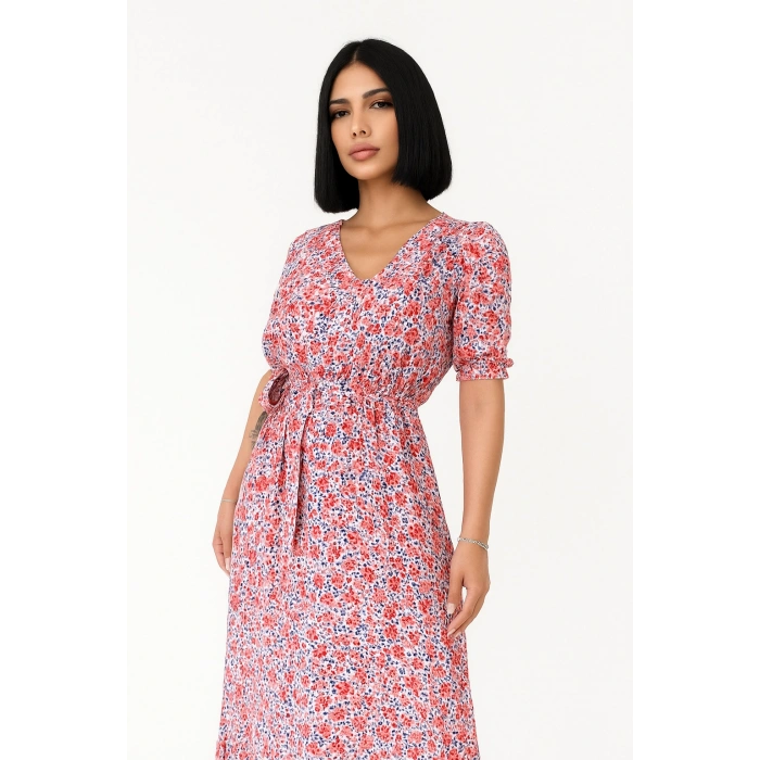 Çiçek Desenli  Yırtmaçlı Elbise - PEMBE