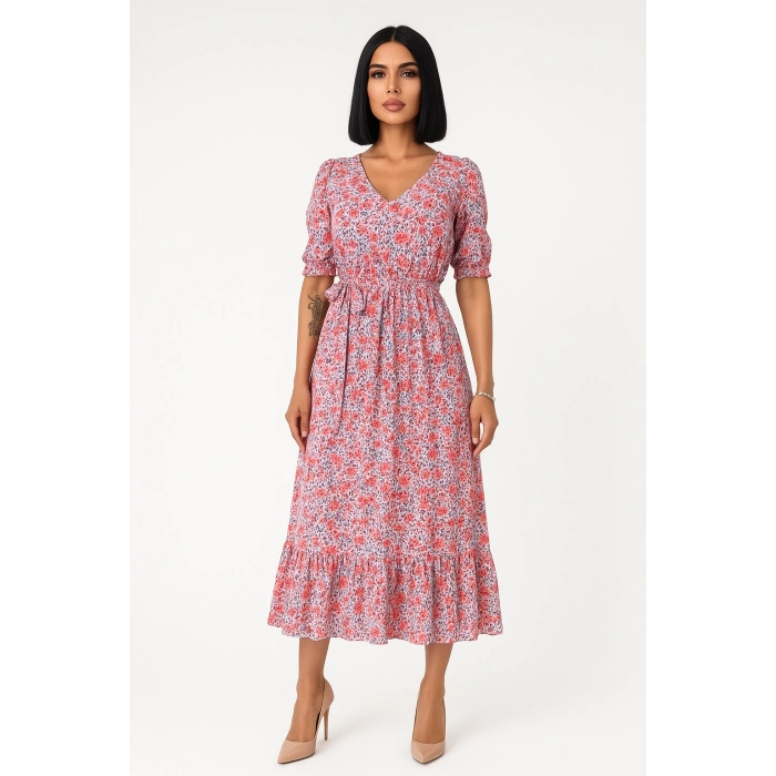 Çiçek Desenli  Yırtmaçlı Elbise - PEMBE