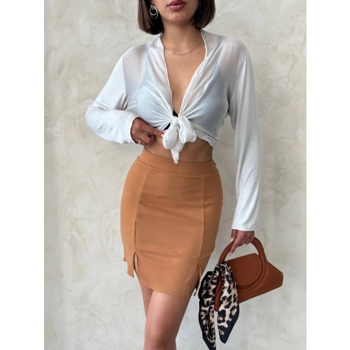 Çift yırtmaçlı etek camel s25910