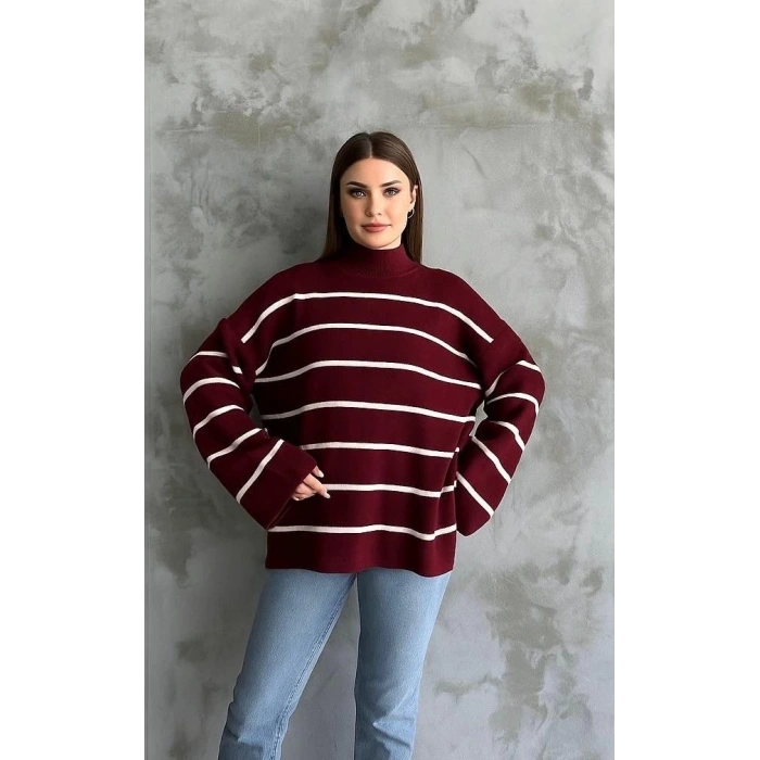 Çizgili ispanyol kol triko boğazlı kazak bordo elf