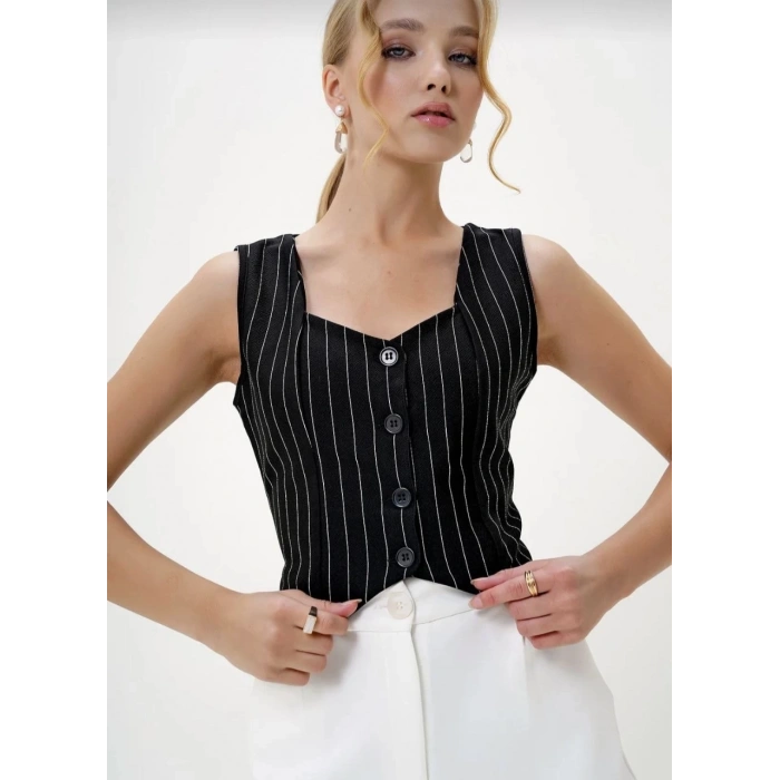 Çizgili krep düğmeli yelek siyah s3395