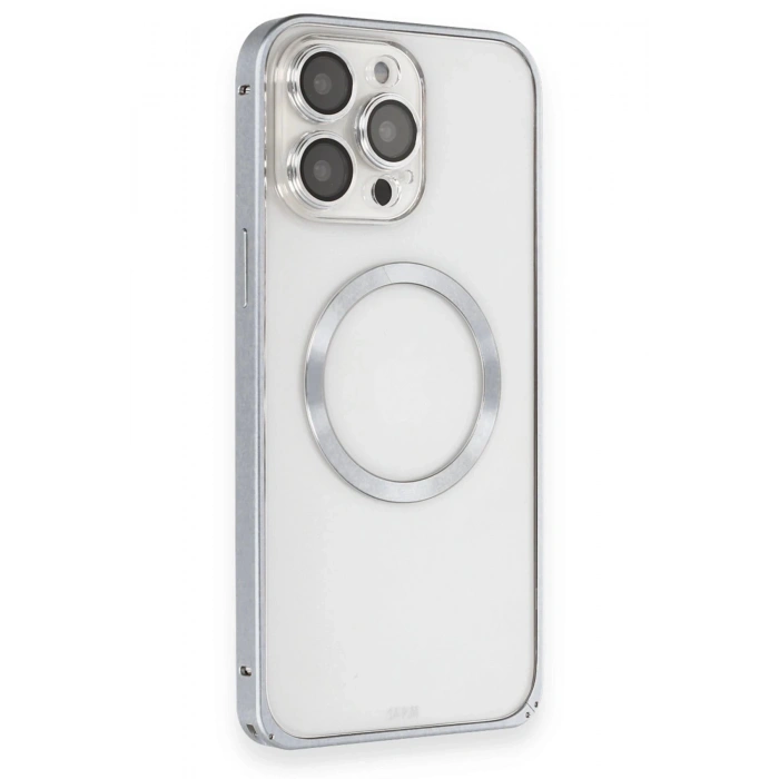 CPT90 iPhone 15 Pro Max Kılıf Metal Bumper Magneticsafe Kapak - Gri