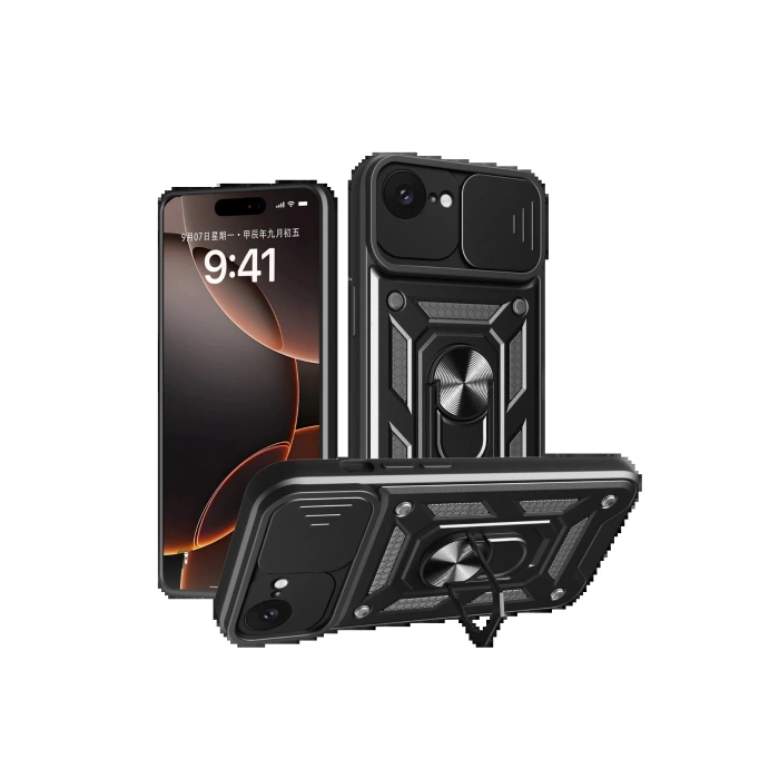 CPT90 iPhone 16E Kılıf Pars Lens Yüzüklü Silikon - Siyah