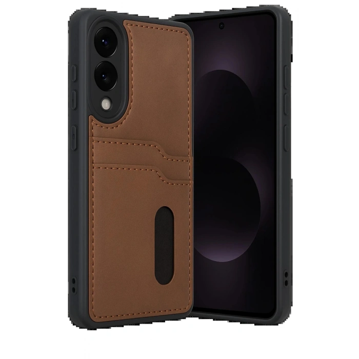 CPT90 Samsung Galaxy S25 Edge Sara Kartvizitli Deri Kılıf - Taba