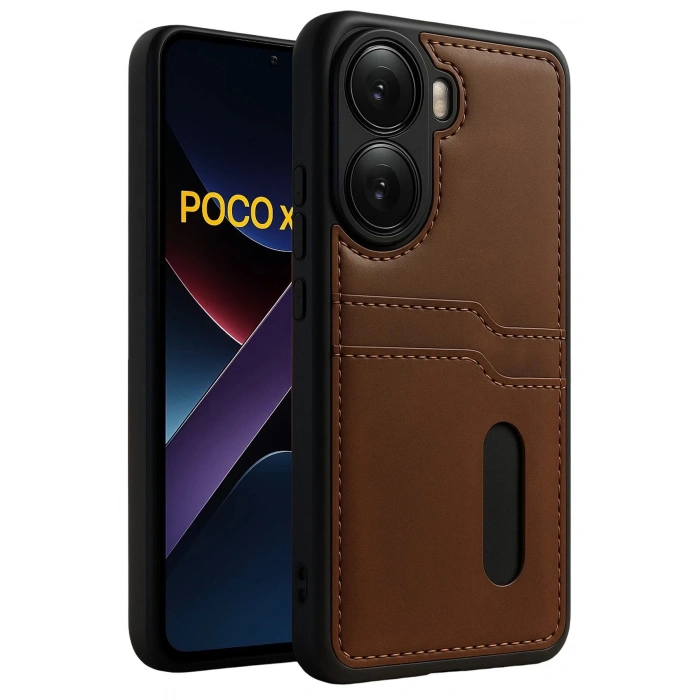 CPT90 Xiaomi Poco X7 Pro Kılıf Sara Kartvizitli Deri Kılıf - Taba