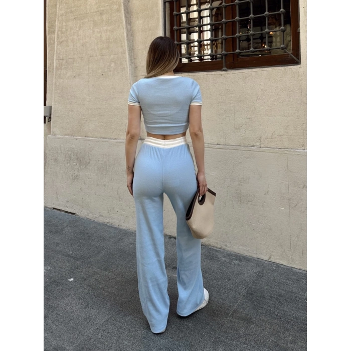 Crop pantolon biyeli takım mavi