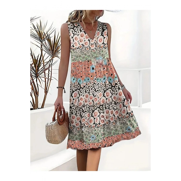 Kadın Kolsuz V Yaka çiçek Desenli Süprem Elbise