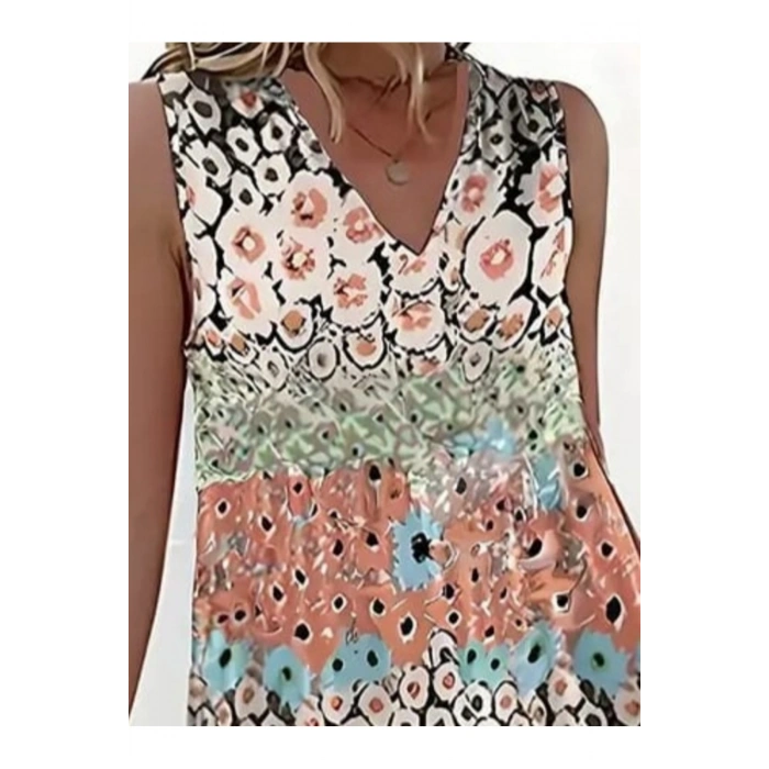 Kadın Kolsuz V Yaka çiçek Desenli Süprem Elbise