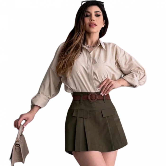 Kemerli Kapak Detaylı  Etek - HAKİ