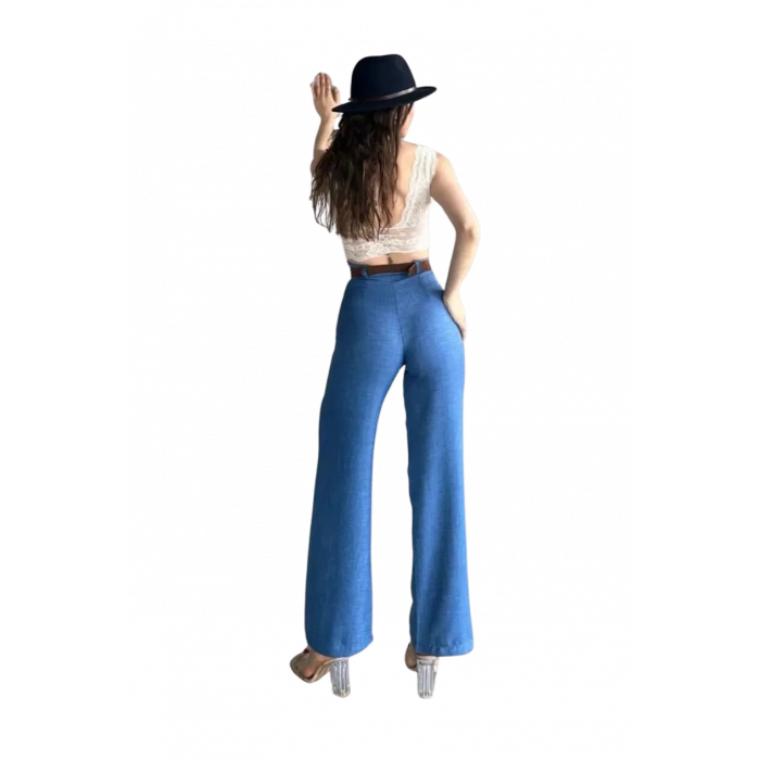 Kemerli Keten Pantolon -MAVİ