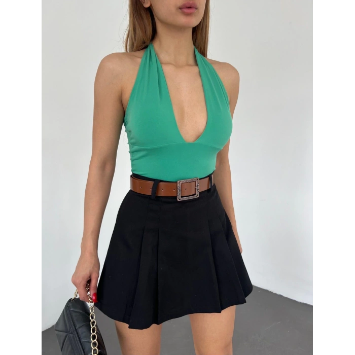 Kemerli Pileli Şort Etek - SİYAH