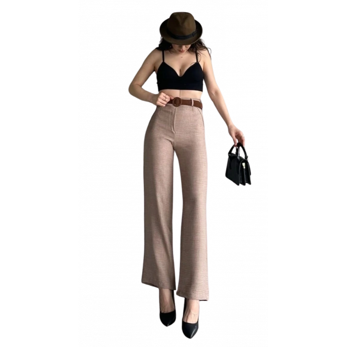 Keten Pantolon Beli Kemerli  - KAHVE