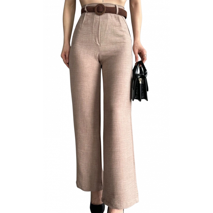 Keten Pantolon Beli Kemerli  - KAHVE