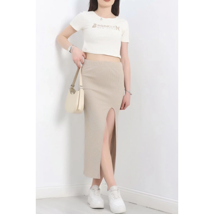 Nakışlı etekli takım bej beyaz s3899