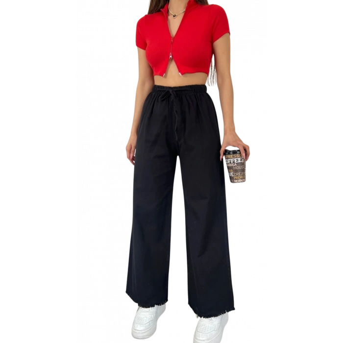 Palazzo Pantolon Paçası Püsküllü -Siyah