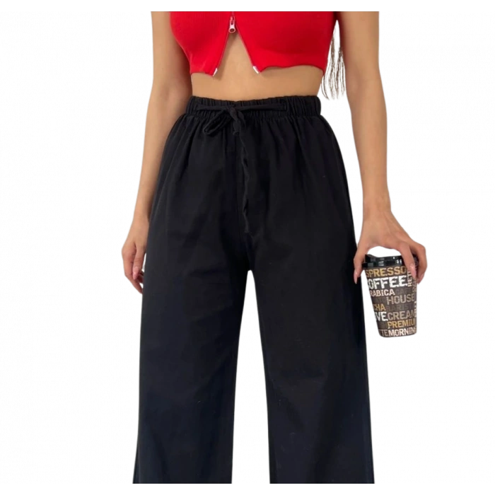 Palazzo Pantolon Paçası Püsküllü -Siyah