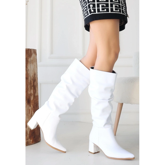 Pitay Beyaz Cilt Topuklu Çizme